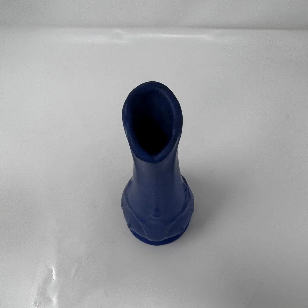 Matte Cobalt Blue Ceramic Bud Vase Art Nouveau Style Embossed Floral 8 Inch